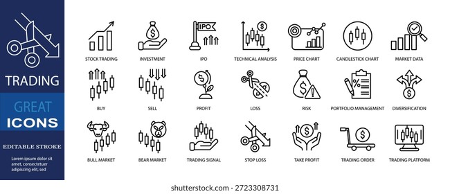 Trading icon set featuring stock trading, investment, technical analysis, price charts, buy sell actions, and risk management. Ideal for fintech apps, financial websites, dashboards, and ui design.