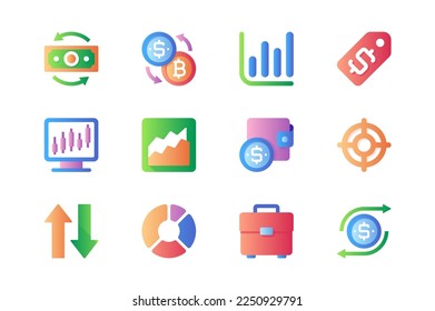 Trading icons set in color flat design. Pack of money, investment, profit, exchange, data analysis, dollar, forex, wallet, target, briefcase and other. Vector pictograms for web sites and mobile app