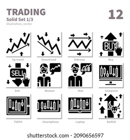 Trading icons set, Solid, vector and illustration set 1