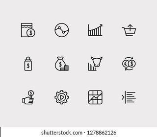 Trading icons set. Yield and trading icons with stock symbol, rally and execution. Set of analysis for web app logo UI design.