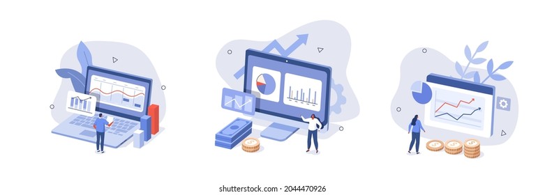Trading illustration set. Characters analyzing stock market data and planning investment strategy. People examining financial graphs, charts and diagrams. Stock trading concept. Vector illustration.