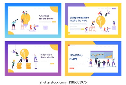 Trading, Innovation Ideas for Business Website Landing Page Templates Set. Businesspeople with Huge Lightbulb and Screen with Data Analysis Graphs Web Page. Cartoon Flat Vector . Illustration, Banner