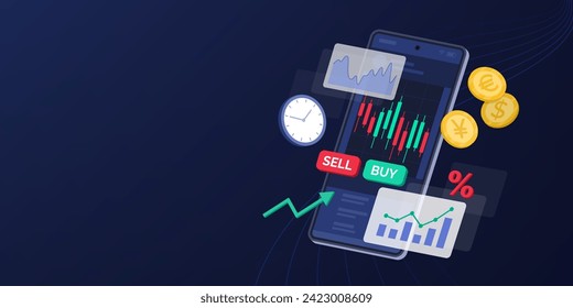 Trading and investment app on smartphone with charts, finance and technology concept, banner with copy space