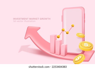 Crecimiento del mercado de comercio e inversión La tendencia del dinero al alza con el gráfico, la inversión financiera El concepto de tecnología de teléfonos inteligentes. Ilustración vectorial 3d.