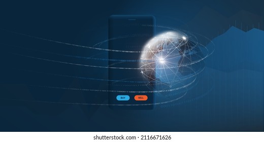 Trading and Investment on Mobile Devices - Fintech Concept with Mobile Phone, Diagram and Flowing Binary Data Around Earth Globe - Futuristic Dark Blue Design, Vector Illustration