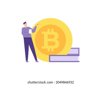 trading and investment training or courses. learning about bitcoin. illustration of a teacher explaining about bitcoin or crypto currency. work and profession. flat cartoon style. vector design