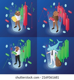 Trading isometric concept icons set with stock and market symbols isolated vector illustration
