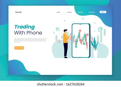 Trading landing page template. men do trading activities on mobile phones. landing page template