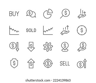 Juego de iconos de línea de negociación. Objetos vectoriales aislados en un fondo blanco para diseño web y gráficos. Colección de iconos de esquema.