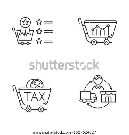 Trading linear icons set. Best seller list, sell analytics, sales tax ID, dropshipping. Business organization. Thin line contour symbols. Isolated vector outline illustrations. Editable stroke