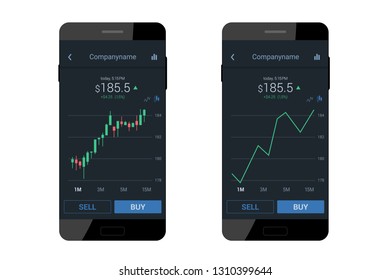 Trading mobile interface for stock exchange. Dark flat design. Vector illustration
