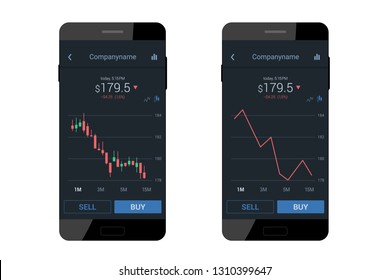 Trading mobile interface for stock exchange. Dark flat design. Vector illustration