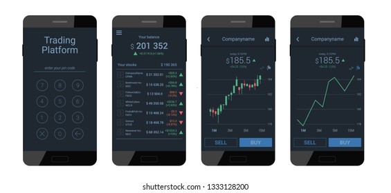 Trading Mobile Interface For Stock Exchange. Different Screens. Modern Violet Design. Vector Illustration