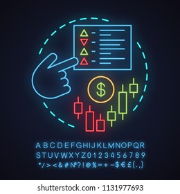 Trading neon light concept icon. Market access idea. Internet business. Glowing sign with alphabet, numbers and symbols. Vector isolated illustration
