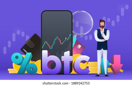 Trading on the bitcoin exchange. A businessman is pondering an idea. Percentage with up and down arrows. Wallet, bank card, schedule, magnifier, phone. Vector.