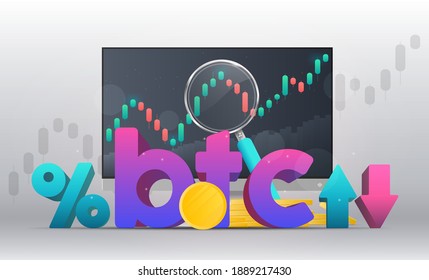 Trading on the bitcoin exchange. Percentage with up and down arrows. Wallet, bank card, chart, magnifier, monitor. Vector.