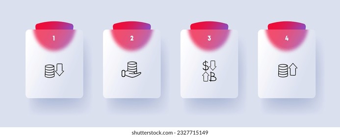 Trading on exchanges line icon. Coins, currency exchange rate changes, dollar, bitcoin, hand. Pastel color background. Vector line icon