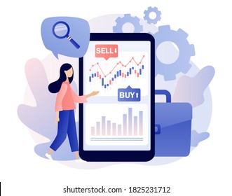 Trading online. Business, finance and trade. Tiny woman buy and sell cryptocurrency, stocks and bonds for forex in smartphone app. Modern flat cartoon style. Vector illustration on white background