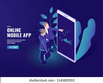 Trading online isometric icon, two businessmen talking, business Analytics and statistics strategy, graphics and charts development on mobile phone screen vector dark neon