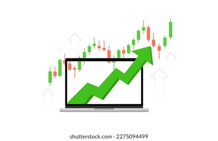 Trading online with a laptop. Buy and sell signals. All-time high. Vector.