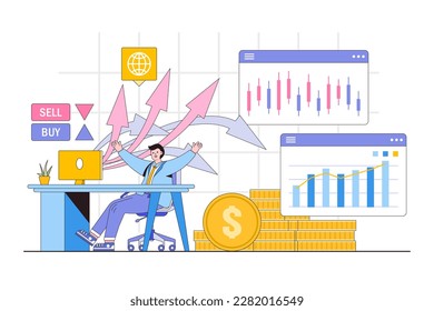 Trading online and make money online concept. People buy, sell and make up the portfolio cryptocurrency, stocks and bonds for forex. Outline design style minimal vector illustration for landing page.