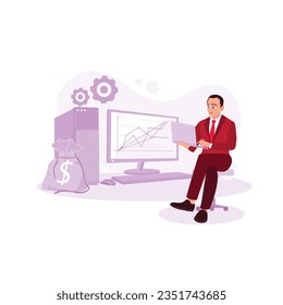 Trading online. Trader sitting in front of a computer with trading charts. Trend Modern vector flat illustration
