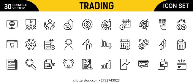 Trading Outline Icon Set – Banking and Financial Services Thin Line Icons Collection Featuring Bank, Currency Exchange, Cheque, Security Guard, Money Transfer and Loan Symbols, Clean Outline Vector Illustration