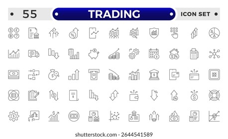Trading Outline icon set. Containing Bank, Currency Exchange, Cheque, Security Guard, Money Transfer, Loan, Mobile Banking.
