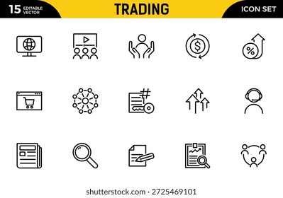 Conjunto de iconos de esquema de negociación. Que Contiene Banco, Cambio De Moneda, Cheque, Guardia De Seguridad, Transferencia De Dinero, Préstamo. Paquete de iconos de contorno delgado. Ilustración vectorial
