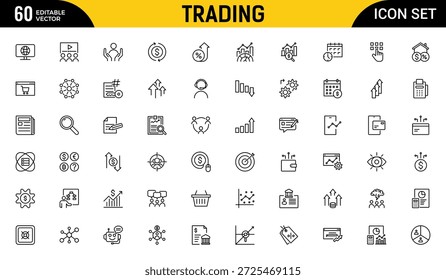 Symbolsatz für Handelskonturen. Enthaltend Bank, Geldwechsel, Scheck, Wache, Geldüberweisung, Kredit. Paket mit dünnen Gliederungssymbolen. Vektorgrafik
