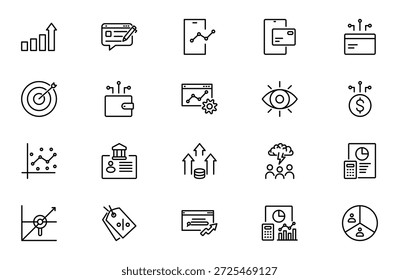 Conjunto de ícones do Trading Outline. Contendo Banco, Câmbio De Moeda, Cheque, Security Guard, Transferência De Dinheiro, Empréstimo. Pacote fino de ícones de estrutura de tópicos. Ilustração vetorial