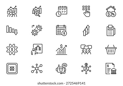 Trading Outline icon set. Containing Bank, Currency Exchange, Cheque, Security Guard, Money Transfer, Loan. Thin outline icons pack. Vector illustration