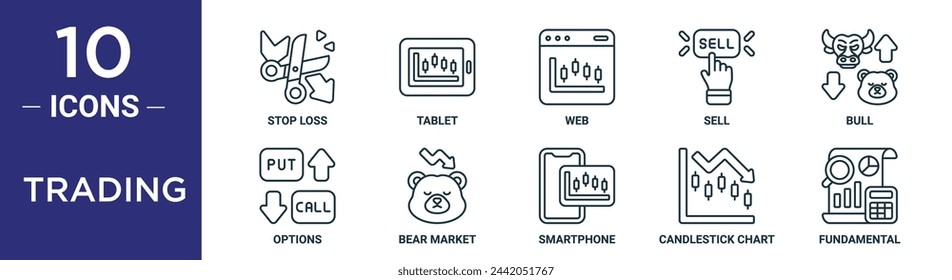 trading outline icon set includes thin line stop loss, tablet, web, sell, bull, options, bear market icons for report, presentation, diagram, web design