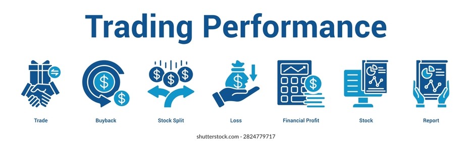 Trading Performance web banner icon set vector illustration concept for business with icon of Trade, Buyback, Stock Split, Loss, Financial Prof.