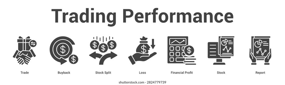 Trading Performance web banner icon set vector illustration concept for business with icon of Trade, Buyback, Stock Split, Loss, Financial Prof.