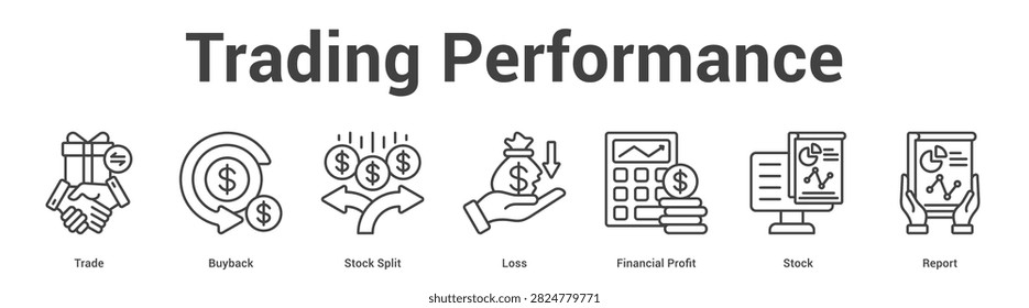 Trading Performance web banner icon set vector illustration concept for business with icon of Trade, Buyback, Stock Split, Loss, Financial Prof.