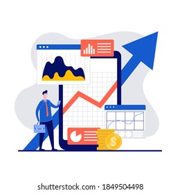 Trading platform concept with character using smartphone application. Online financial market analytics. Cryptocurrency trader. Modern flat style for landing page, mobile app, hero images.