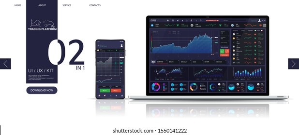 Trading platform dashboard, Forex market, stock platform, binary option. universal application for smartphone and laptop. UI, UX, KIT mockup. Candles and indicators. Cryptocurrency and finance. Vector