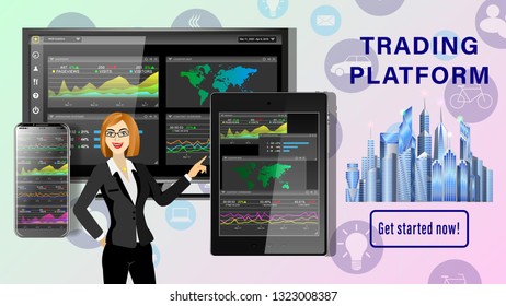Trading platform. Financial business dashboard desktop. Application for financial analysis on PC, tablet pc, smartphone. Woman hand is pushing on the touchscreen. Realistic 3d detailed vector.