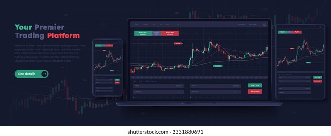 Trading platform landing page. Investment and economics, graphs and charts. Statistics and infographics, data visualization. Candles, diagrams and indicators. Flat vector illustration