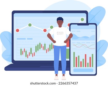 Trading platforms flat concept vector spot illustration. Editable 2D cartoon character on white for web design. Broker job. Analyzing stocks online creative idea for website, mobile, magazine