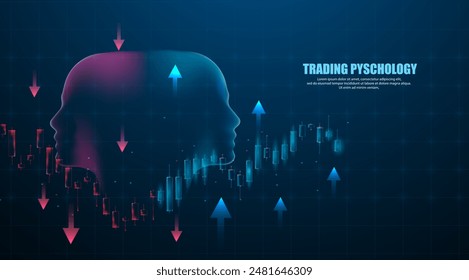 Trading psychology concept. two head condition calm and angry, candle bear and bull. Trading background