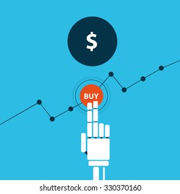 Trading robot hand buys dollar illustration. Trading robot vector illustration. Trading robot on blue background. Trading illustration. Finance stock market design. Stock exchange technology.