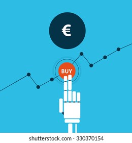 Trading robot hand buys euro illustration. Trading robot vector illustration. Trading robot on blue background. Trading illustration. Finance stock market design. Stock exchange technology.
