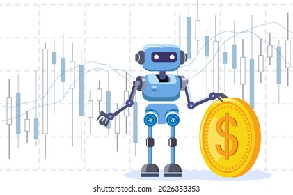 A trading robot is holding a gold coin with a dollar symbol. The cute robot makes money automatically on the currency exchange and stock market. Flat editable vector illustration, clip art.