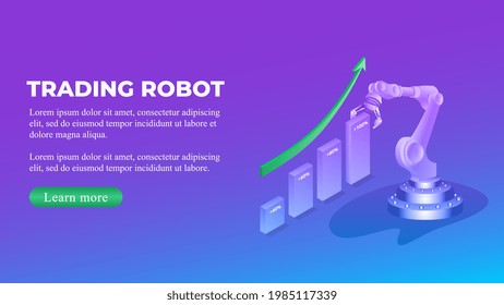 Trading robot isometric concept with chart and upward arrow and copy space. Automatic bot trading banner. Vector illustration.