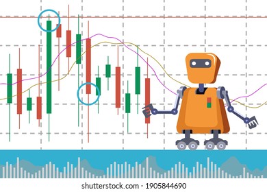 The trading robot monitors the movement of the stock value on the Japanese candlestick chart.Artificial intelligence of forex broker with analyzing business charts with investment financial data.
