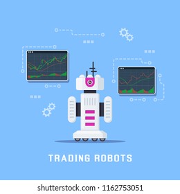 Trading robots concept banner design. Stock market, forex and cryptocurrency trading. Flat style illustration.