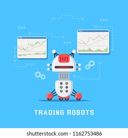 Trading robots concept banner design. Stock market, forex and cryptocurrency trading. Flat style illustration.