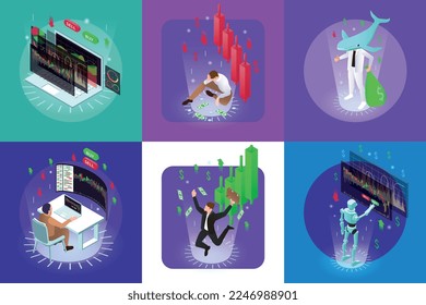 Trading set with isolated round compositions of isometric bar and graph icons with cyber human characters vector illustration